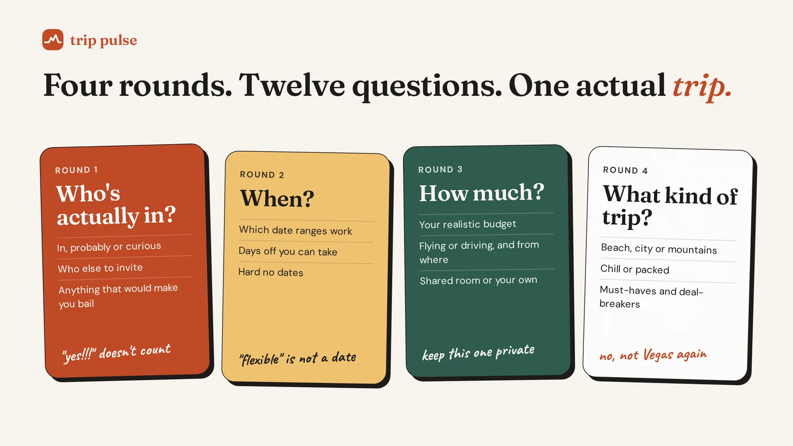 Four rounds of questions: who's actually in, when, how much, and what kind of trip